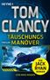 "Täuschungsmanöver" von Tom Clancy, ein Jack Ryan Thriller von Mike Maden. Stürmisches Meer mit Containerschiff., Buch