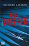 "Das Treffen" von Richard Laymon, Thriller. Blaues und rotes Design mit einem blutigen Messer im Hintergrund., Buch