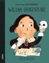 Text: "Little People, BIG DREAMS® WILLIAM SHAKESPEARE" Illustration eines lächelnden Mannes mit Feder, Buch und Totenkopf., Buch