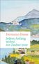 Text: "Hermann Hesse. Jedem Anfang wohnt ein Zauber inne. Insel." Aquarell von einer Landschaft mit Bergen und Gebäuden., Buch