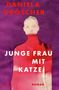 "Junge Frau mit Katze" und "Daniela Dröscher" sind auf einer abstrakten Illustration mit lila und roten Farbtönen zu sehen., Buch