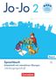 Text: "Jo-Jo 2", "Sprachbuch", "Bayern", "Cornelsen". Illustration von Kindern bei Aktivitäten, Hund, Stadtumrisse im Hintergrund., Buch