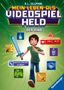 Buchtitel: „Mein Leben als Videospiel-Held“. Junge in Aktion mit Schwert, umgeben von Icons und Statistiken.