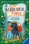 Die Märchenponys. Hans im Glück und das goldene Ei. Zwei Kinder und ein schwarzes Pony stehen im Wald. Bunte Dekoration., Buch