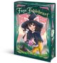 Der Titel lautet "Faye Fableheart: Die Zauberprüfung". Eine Hexe hält eine Flasche und ein Tier, ein Schloss im Hintergrund., Buch