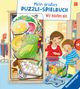 "Mein großes PUZZLE-SPIELBUCH. Wir kaufen ein." Zwei Kinder beim Einkaufen mit einem Einkaufswagen voller Lebensmittel., Buch