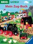 "Mein Zug-Buch" oben, "Mit original BRIO-Zug" unten. Bunte Szene mit Zügen, Bauernhof, Tieren und Menschen in fröhlicher Illustration., Buch