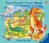 „Ravensburger Puzzle-Buch“, „Dinosaurier“. Illustration mit bunten Dinosauriern vor Vulkan und Bäumen., Buch