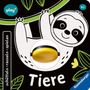 "Tiere", "schütteln • rasseln • spielen", "6m+", Logo. Entzückendes Faultier an Ast, grünes Blattmuster, gelber Knopf., Buch