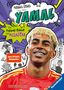 Text "Fußball-Stars: Alles über Yamal", "Vom Fußball-Talent zum Megastar". Lächelnder Fußballspieler in rotem Trikot, Comic-Stil.