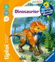 "Dinosaurier", "Wieso? Weshalb? Warum?", "2+ Jahre". Illustration: Ein bunter Dinosaurier frisst Pflanzen im Urwald.