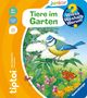 "Tiere im Garten" mit einem bunten Vogel und Schmetterling mitten in blühenden Pflanzen. Ein kinderfreundliches Design., Buch