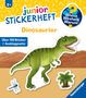 Wieso Weshalb Warum, junior STICKERHEFT, Dinosaurier, Über 150 Sticker + Ausklappseite. Ein grüner Dinosaurier auf gelbem Hintergrund., Buch