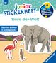 „Wieso Weshalb Warum“ auf Erdkugel, „Über 150 Sticker + Ausklappseite“. Elefant, Flamingo, Erdmännchen vor Landschaft. Ravensburger., Buch