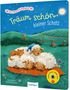 „Träum schön, kleiner Schatz“: Drei schlafende Schafe, eine Katze liegt auf ihnen. Hügel, Zaun, Vogel, Mond und Sterne im Hintergrund., Buch