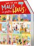 "Wo ist die MAUS im großen HAUS?" in kindlicher Schrift. Illustrationen zeigen verschiedene Zimmer und Aktivitäten in einem Haus., Buch