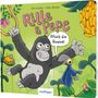 Text: "Rille & Pepe", "Pflück die Banane!". Illustration: Ein fröhlicher Gorilla und ein blauer Vogel im Dschungel., Buch