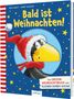 Titel: "Bald ist Weihnachten!". Illustration: Ein Rabe mit roter Mütze und Schal vor blauem Hintergrund mit Sternen., Buch
