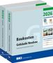"Baukosten Gebäude Neubau 2026" auf zwei Buchrücken, dazu Illustrationen von Gebäuden und Diagrammen.