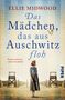 "Das Mädchen, das aus Auschwitz floh" von Ellie Midwood. Eine Frau steht vor wachenden Türmen und Stacheldraht., Buch