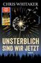 "Unsterblich sind wir jetzt", "Chris Whitaker", "Von hier bis zum Anfang". Löwenzahn vor dunklem Himmel, farbige Strahlen., Buch