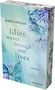 Auf einem Buchcover steht: "Rabia Doğan, lilies woven through our lives, Roman." Dekoriert mit blauen Lilien.