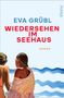 „Eva Grübl, Wiedersehen im Seehaus, Roman“ steht in der Mitte. Zwei Personen am Strand, wellenförmiger Hintergrund., Buch