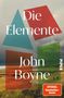 Text: "Die Elemente", "John Boyne", "SPIEGEL Bestseller-Autor", "PIPER". Farbenfrohe, geometrische Formen über einer Küstenlandschaft., Buch