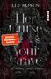 "Her Curse Your Grave", "Sag niemals ihren Namen", "Spiegel Bestseller-Autorin." Frau im roten Kleid vor einem Spiegel., Buch