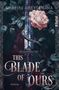 „SHALINI ABEYSEKARA, THIS BLADE OF OURS, ROMAN, PIPER“. Eine kunstvolle Illustration eines Schwertes mit Rose.