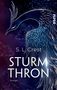 Text: "S. L. Crest - STURM THRON - Roman". 
Illustration: Ein stilisierter Vogel mit eleganten Linien vor einem dunklen Hintergrund., Buch