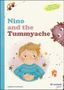 "Nino and the Tummyache" in großen Buchstaben. Ein Junge im blauen Pullover, umgeben von Sternen und einem kleinen Monster., Buch
