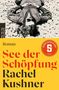 Text: "Roman", "See der Schöpfung", "Rachel Kushner", "SPIEGEL Buchpreis 2025 Platz 1". Illustration: Frau liegt auf steinigem Boden., Buch