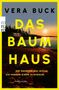 "Vera Buck: DAS BAUMHAUS. Sie suchten die Idylle, sie fanden einen Albtraum. Thriller." Ein rotes Haus am See bei Sonnenuntergang.