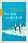 "Das Salz in der Luft" von Janne Mommsen. Paar am Strand, türkisfarbener Hintergrund, orange und weiße Schrift., Buch