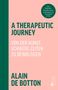 „A Therapeutic Journey: Von der Kunst, schwere Zeiten zu bewältigen“ von Alain de Botton. Rosa Hintergrund, grüner Text.