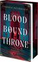 Text: BLOOD BOUND THRONE. Ein Thron vor einer gotischen Wand in roten und blauen Farben., Buch