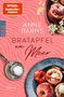 "Anne Barns, Bratapfel am Meer, Roman." Rote Äpfel mit Füllung, Puderzucker und Blumen auf rotem Hintergrund mit Spiralmuster.