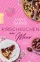 Anne Barns, Kirschkuchen am Meer, Roman. Frischer Kirschkuchen, blühende Zweige, ein Löffel Marmelade auf pinkem Hintergrund., Buch