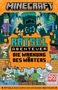 Texte: "MINECRAFT", "RÄTSEL ABENTEUER", "DIE WARNUNG DES WÄRTERS". Illustration mit Figuren und Blöcken im Videospiel-Stil.