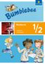 "Bumblebee", "Workbook 1/2", "Audio CD", "Portfolioheft". Illustration mit fröhlichen Kindern in Schuluniform., Buch