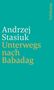 Text: "Andrzej Stasiuk Unterwegs nach Babadag" und "Suhrkamp" seitlich. Hintergrund in Türkis. Minimalistisches Design., Buch