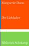 „Marguerite Duras - Der Liebhaber“ in weißer Schrift auf orange, darunter „Bibliothek Suhrkamp“ auf grünem Hintergrund., Buch