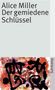 Text: Alice Miller, Der gemiedene Schlüssel, Suhrkamp. Unten abstrakte Kunst mit bunten Spritzern und schwarzen Formen., Buch