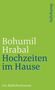 Grünes Buchcover, Text: "Bohumil Hrabal, Hochzeiten im Hause, Ein Mädchenroman", seitlich "Suhrkamp".