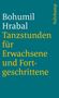 "Bohumil Hrabal Tanzstunden für Erwachsene und Fortgeschrittene" in Weiß und Gelb auf Türkis, rechts "Suhrkamp" in Gelb.