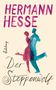 Text: "HERMANN HESSE", "Suhrkamp", "Der Steppenwolf". Illustration: Ein Mann und eine Frau tanzen in blauen und roten Silhouetten., Buch