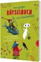 "Mein großes Rätselbuch zum Schulanfang" steht oben. Figuren: Wassermann, Gespenst, Hexe mit Rabe, Zahlen und Formen., Buch