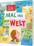 Text: "Ich mal mir meine Welt". Illustration: Ein Kind malt eine bunte Landschaft mit Bergen, Meer und Gebäuden.
