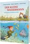 "Der kleine Wassermann: Aufregung im Mühlenweiher". Ein Junge mit roter Mütze schwimmt unter Wasser, umgeben von Fröschen., Buch